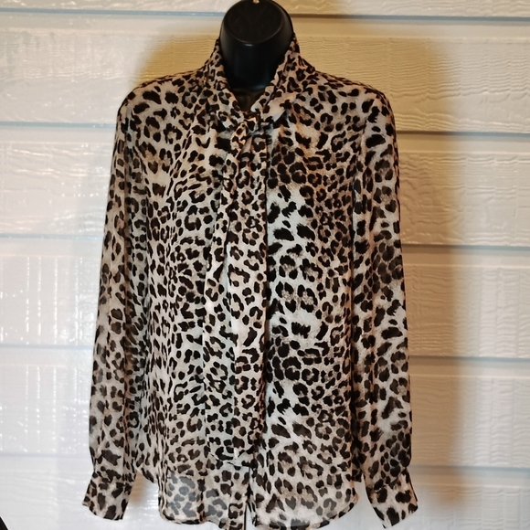 Joe Fresh Tops - JOE FRESH BUTTON UP BLOUSE WOMENS SMALL CHEETAH LEOPARD SECRETARY NECK TIE RETRO